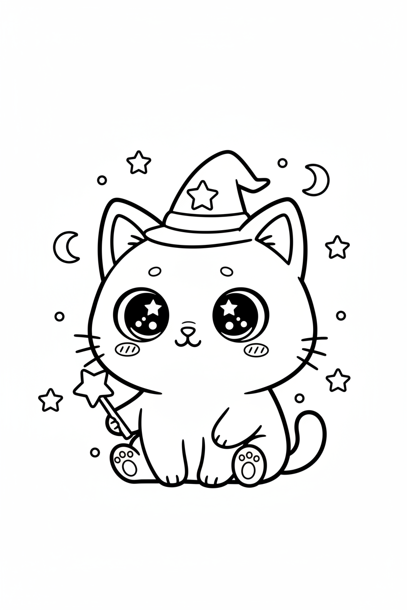 Kawaii chibi cat with witch hat coloring page