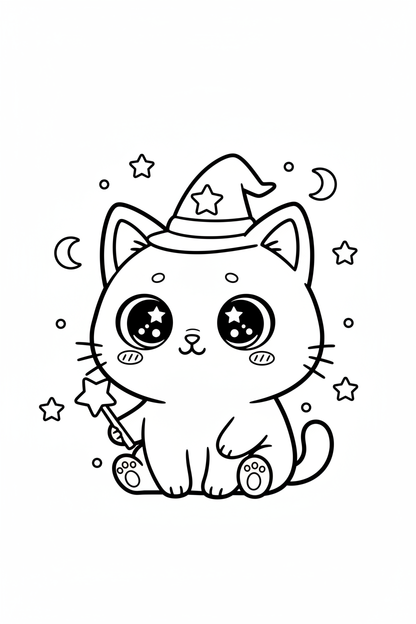 Kawaii chibi cat with witch hat coloring page