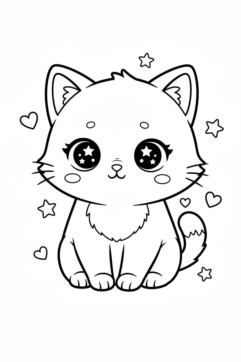 Kawaii chibi cat sitting coloring page