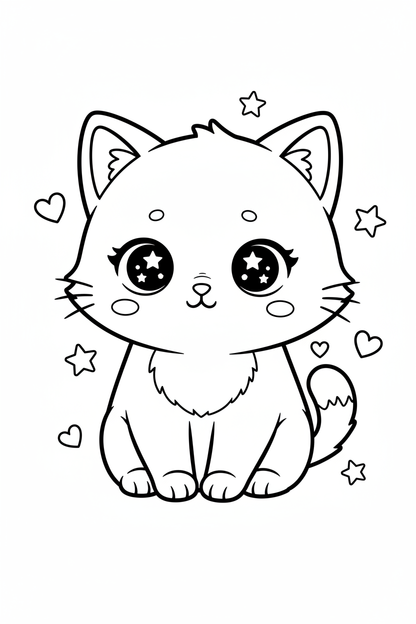 Kawaii chibi cat sitting coloring page