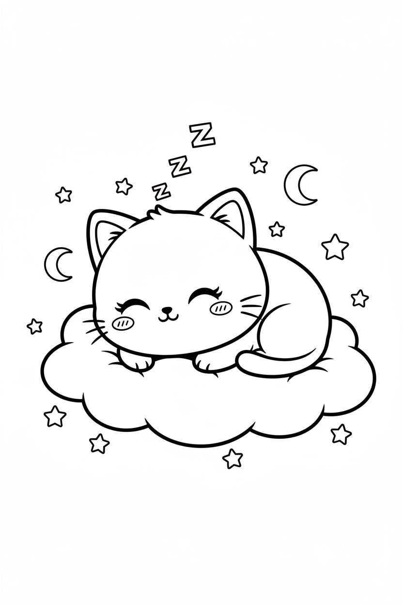 Kawaii chibi cat sleeping on cloud coloring page