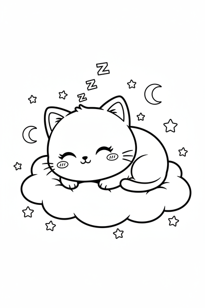 Kawaii chibi cat sleeping on cloud coloring page