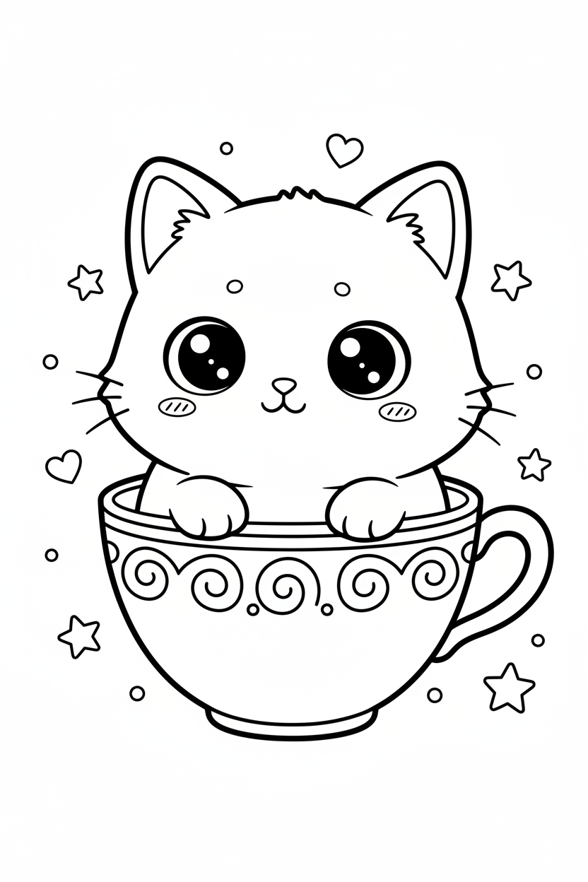 Kawaii chibi cat in teacup coloring page