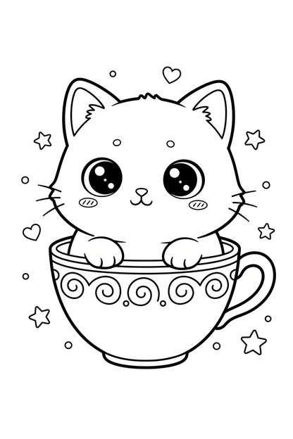 Kawaii chibi cat in teacup coloring page