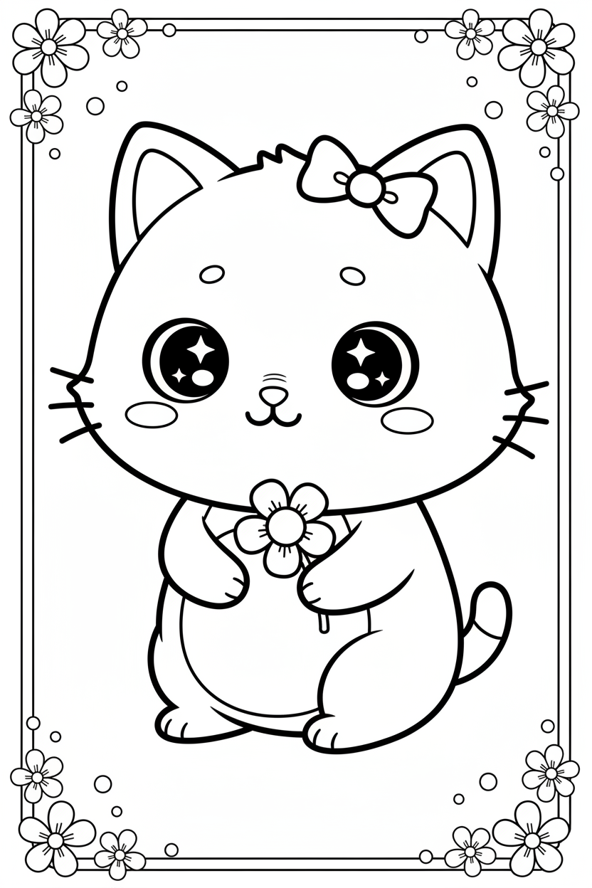 Kawaii chibi cat with bow coloring page