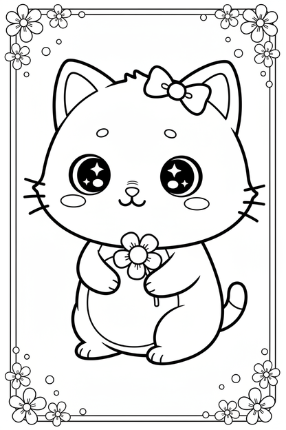 Kawaii chibi cat with bow coloring page