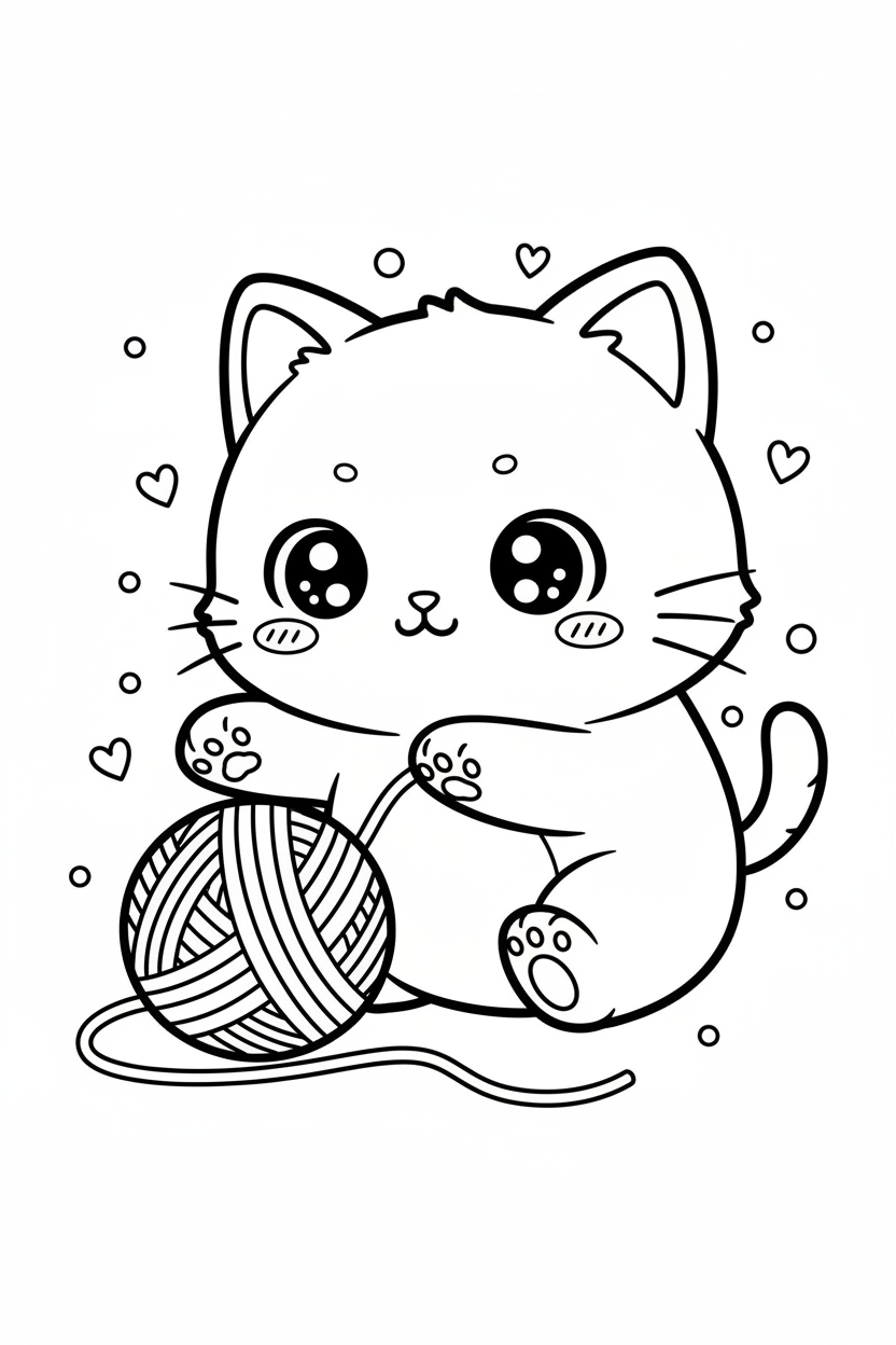 Kawaii chibi cat with yarn coloring page