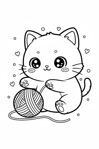 Kawaii chibi cat with yarn coloring page
