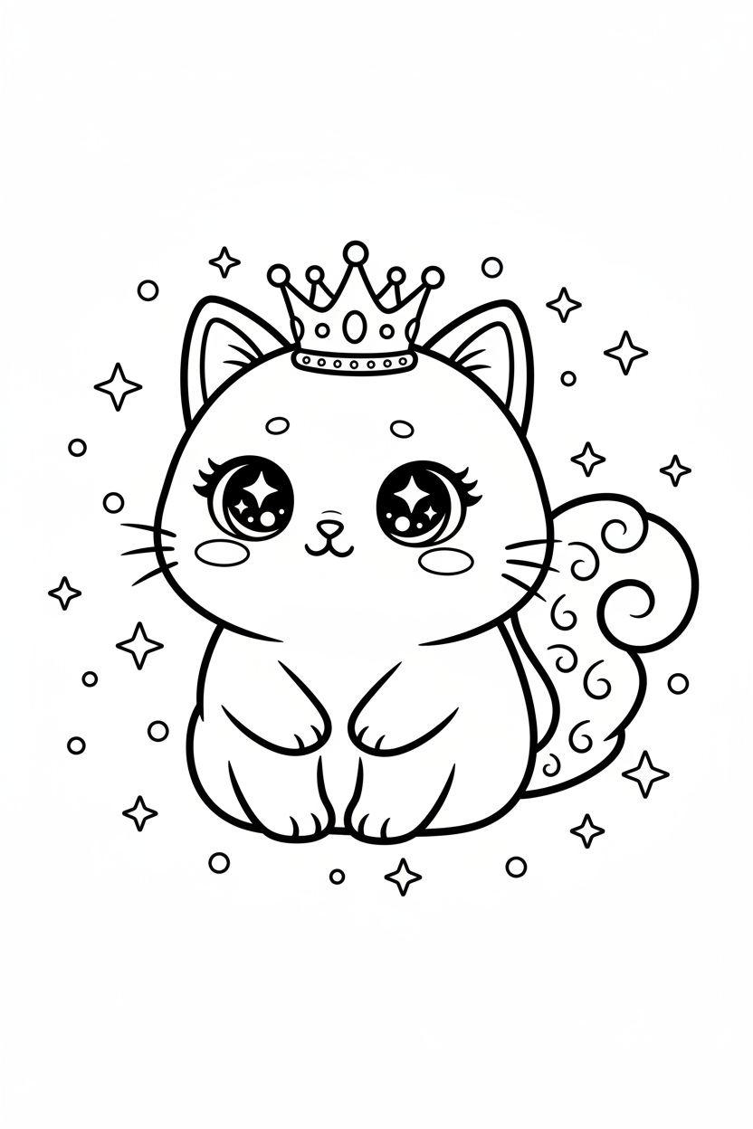Kawaii chibi cat with crown coloring page