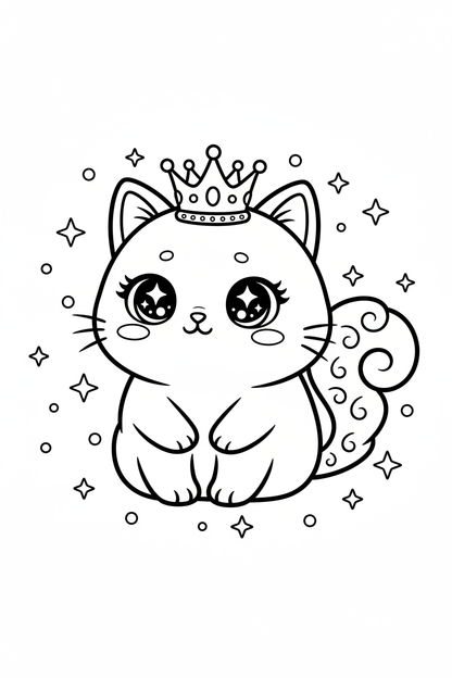 Kawaii chibi cat with crown coloring page