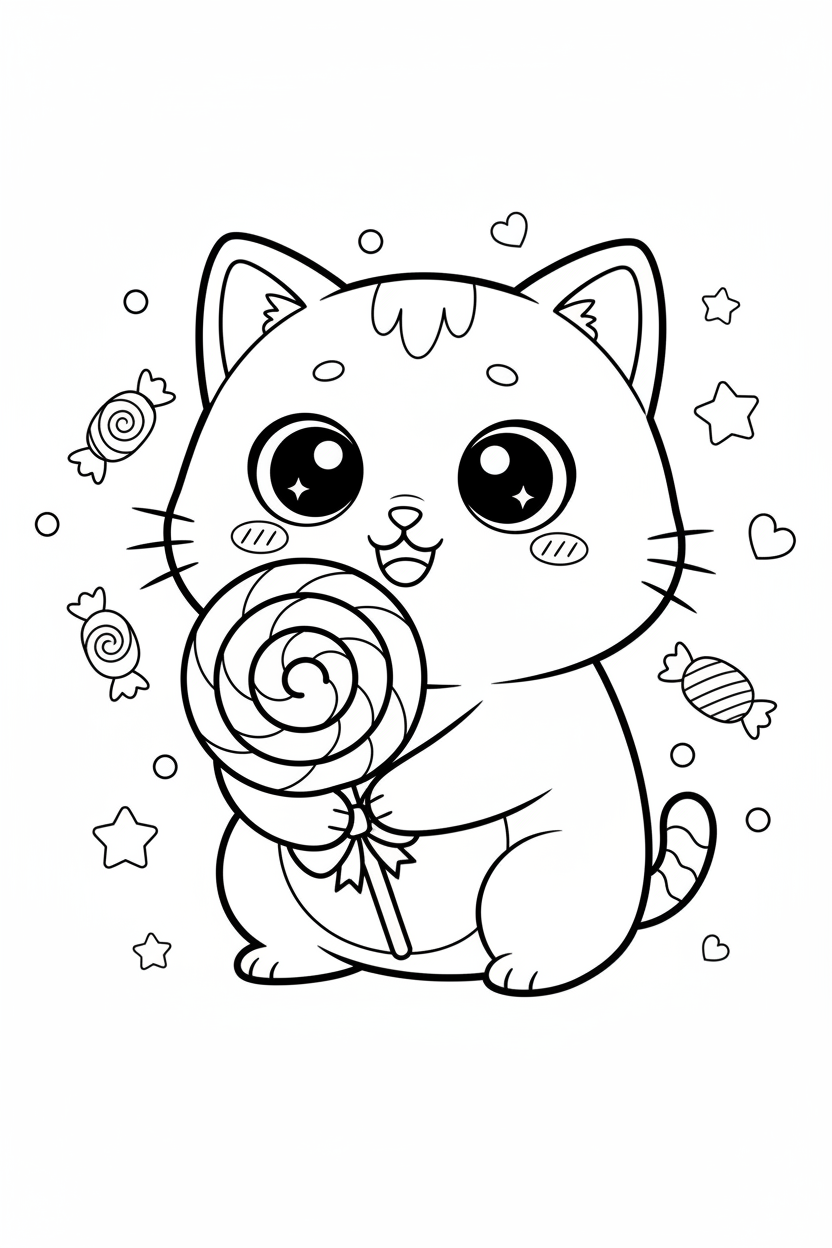 Kawaii chibi cat with lollipop coloring page