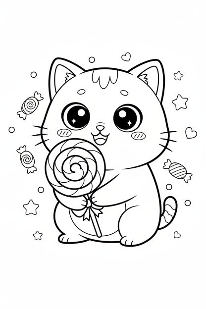 Kawaii chibi cat with lollipop coloring page